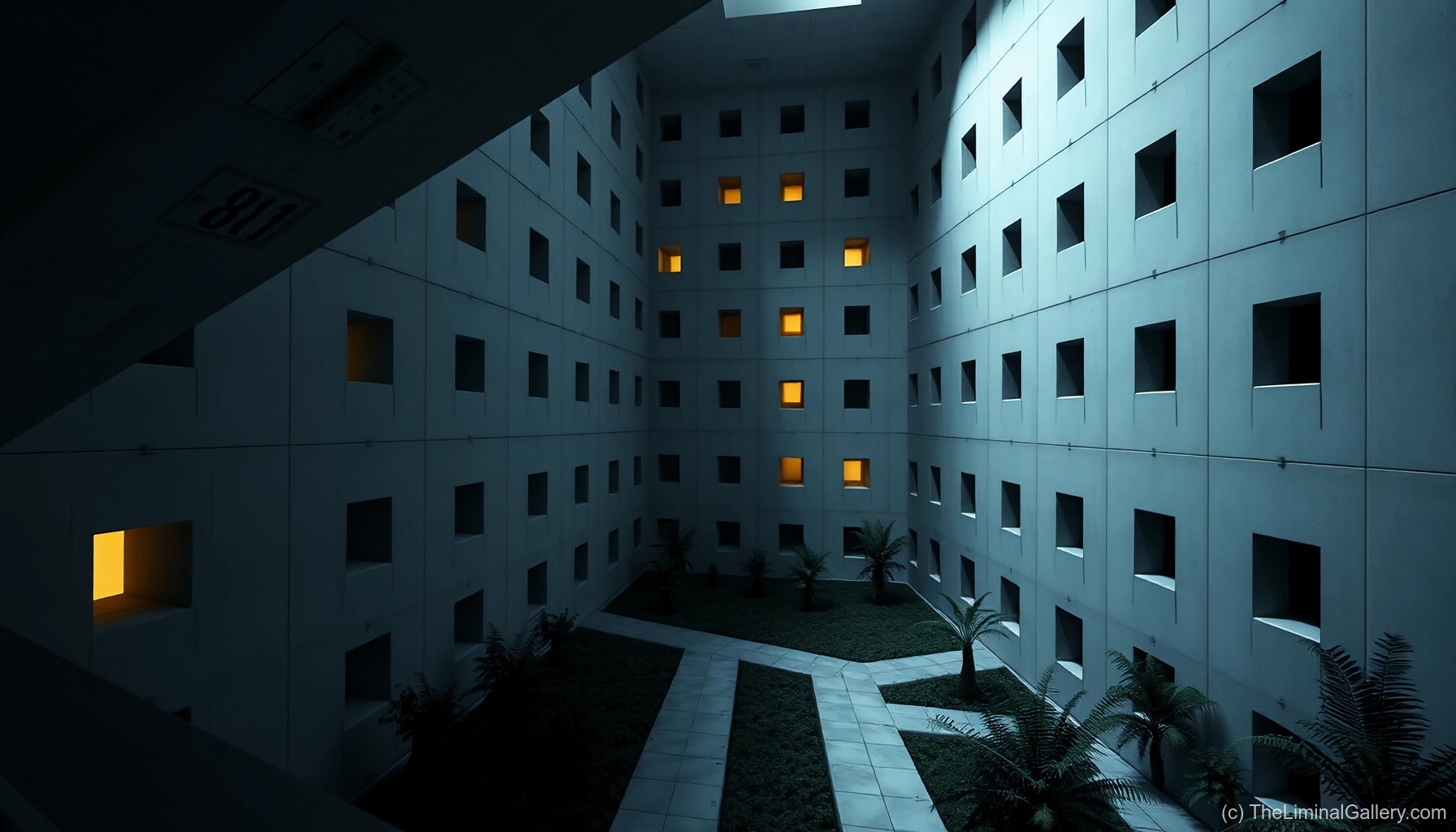 An eerie courtyard surrounded by countless windows in Level 881, a surreal and disorienting liminal vista.